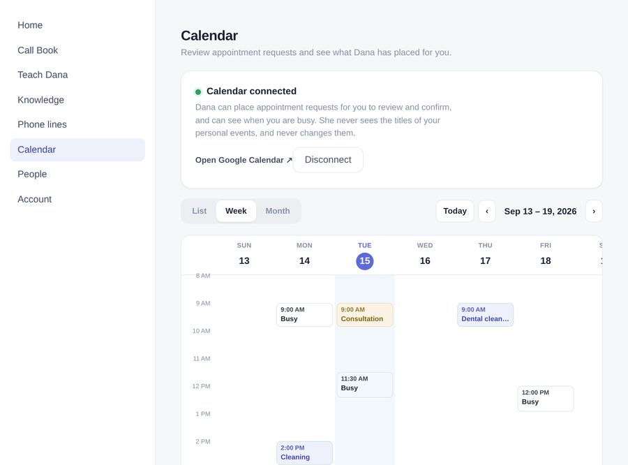 Calendar — appointment requests inside AIVI