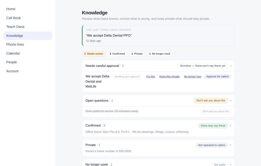Knowledge — what Dana knows and what needs approval
